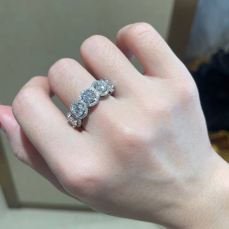 圆包排戒S925银镀白金定制选款主石Moissanite2.5ct/副石高碳钻